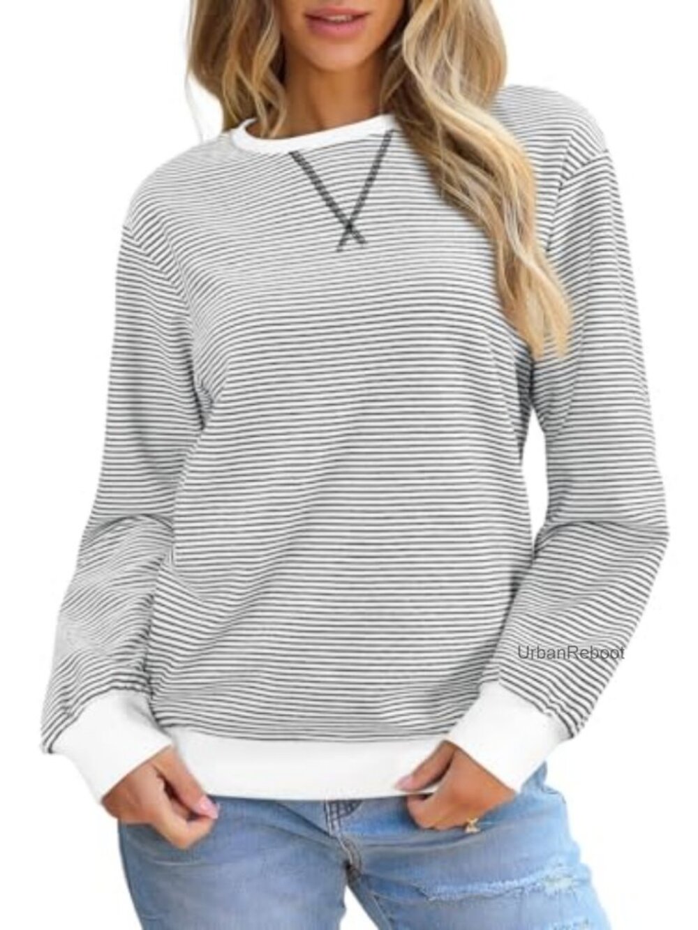 Womens Striped Crewneck Sweatshirt Long Sleeve Pullover Casual Tunic